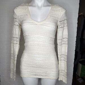 Long-Sleeve Sheer Lace Layering Tunic Cream Y2K Boho Fairy Coquette